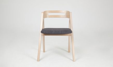Dining chair in light wood with grey fabric seat and modern design bespoke by Urvission Interiors price £206
