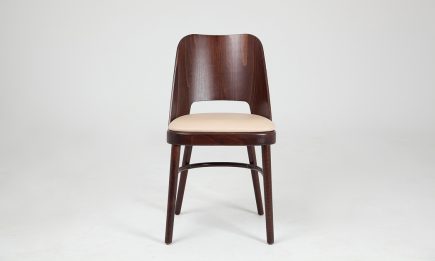 Brown wood dining chair and beige leather seat by Urvission Interiors price £188