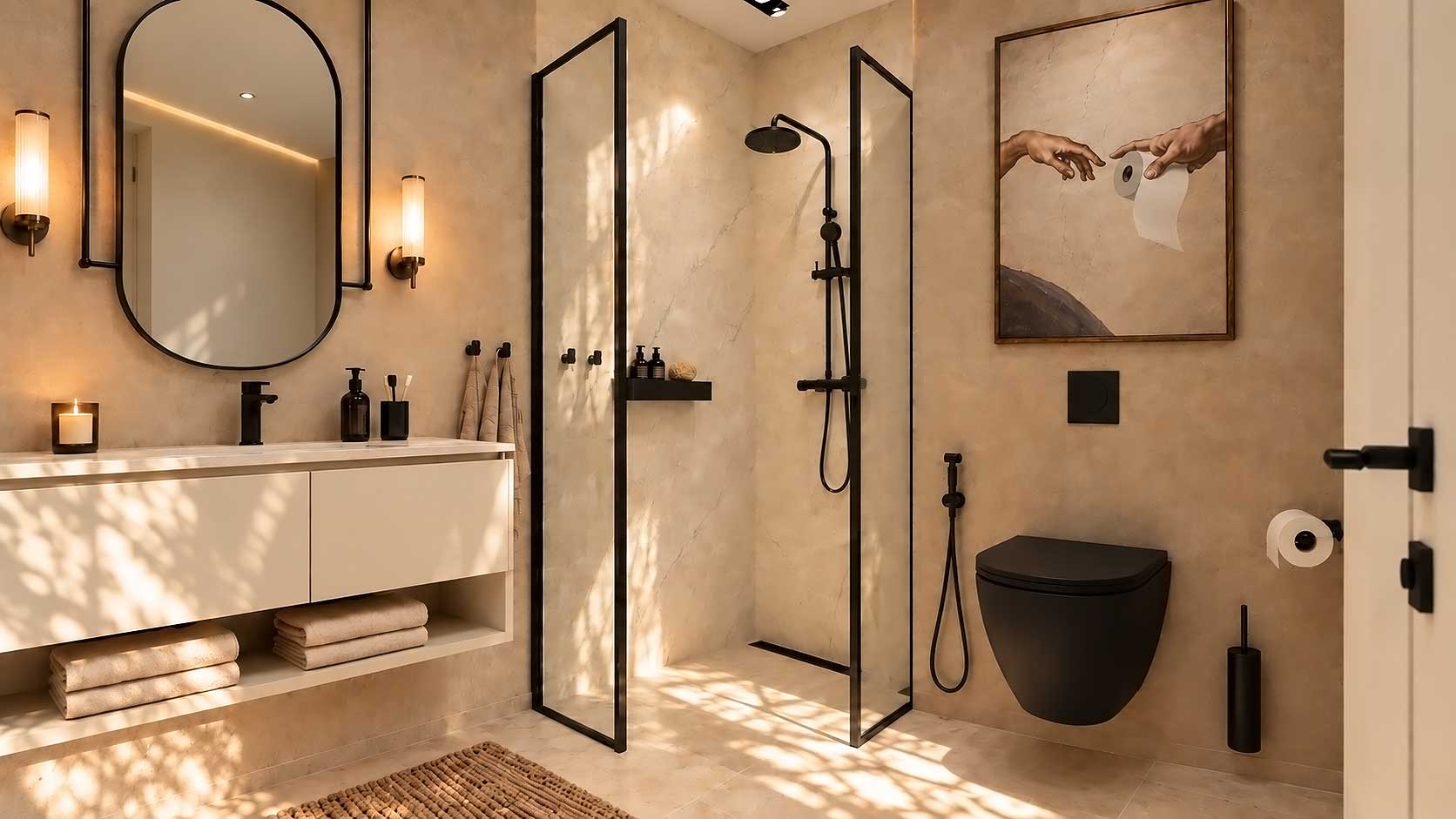Warm beige bathroom with black fixtures and glass walk-in shower in a Sofia apartment