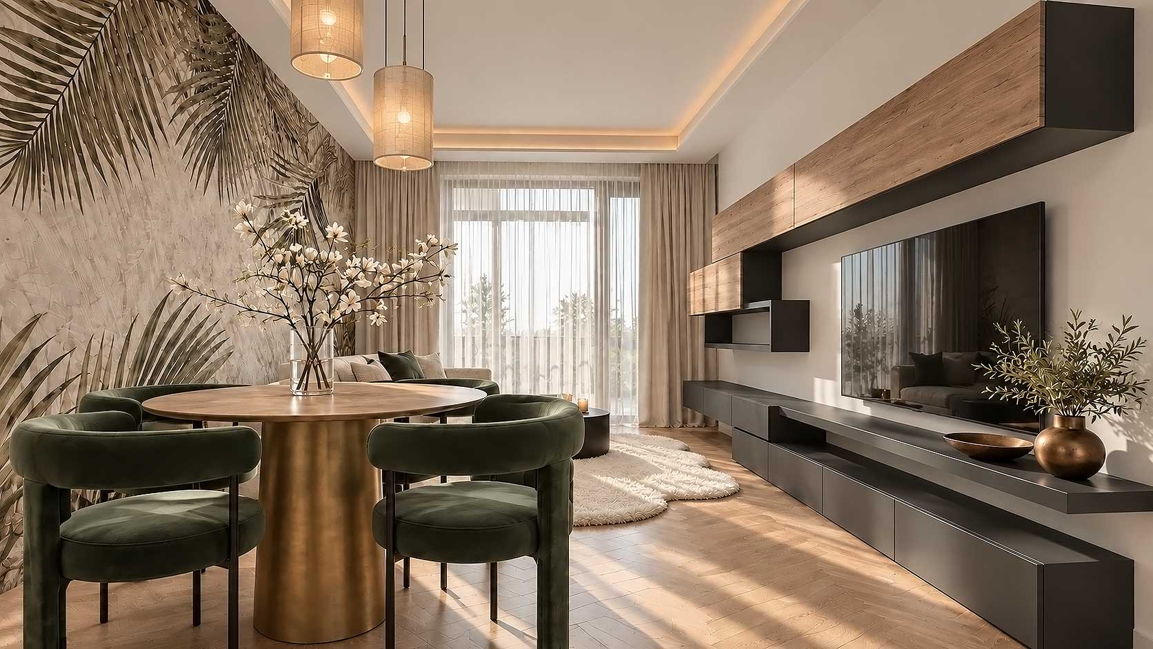 Light beige sectional sofa and dining area in a 50 sqm Sofia apartment