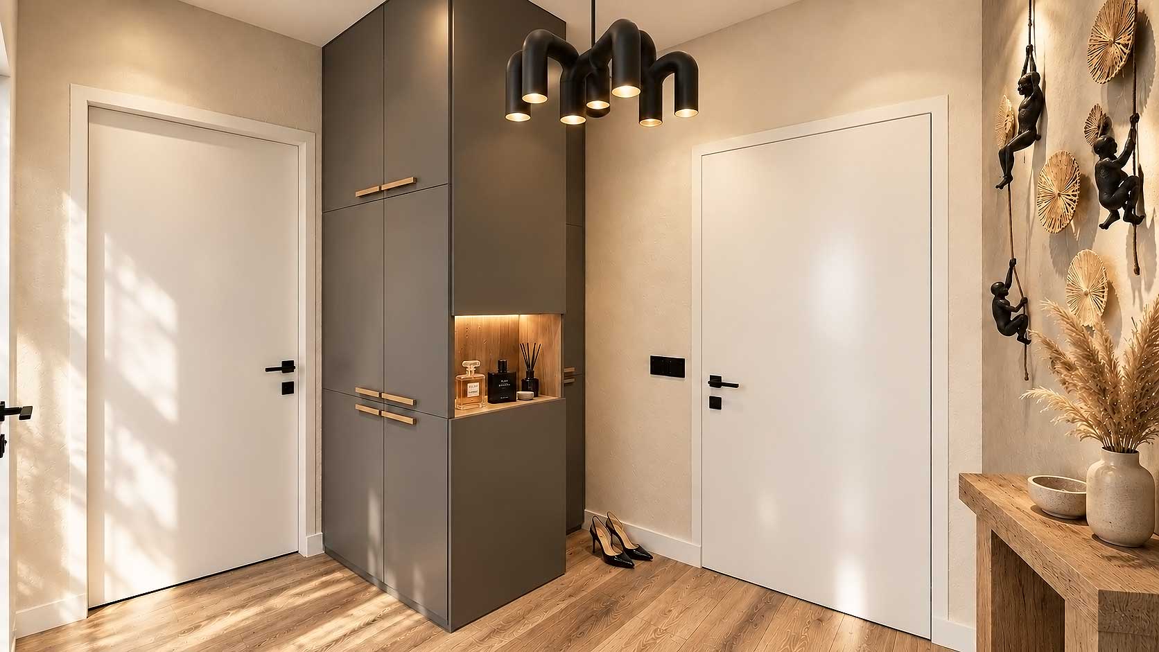 Entrance hall with full-height storage, illuminated niche and timber console in a 50 sqm Sofia apartment